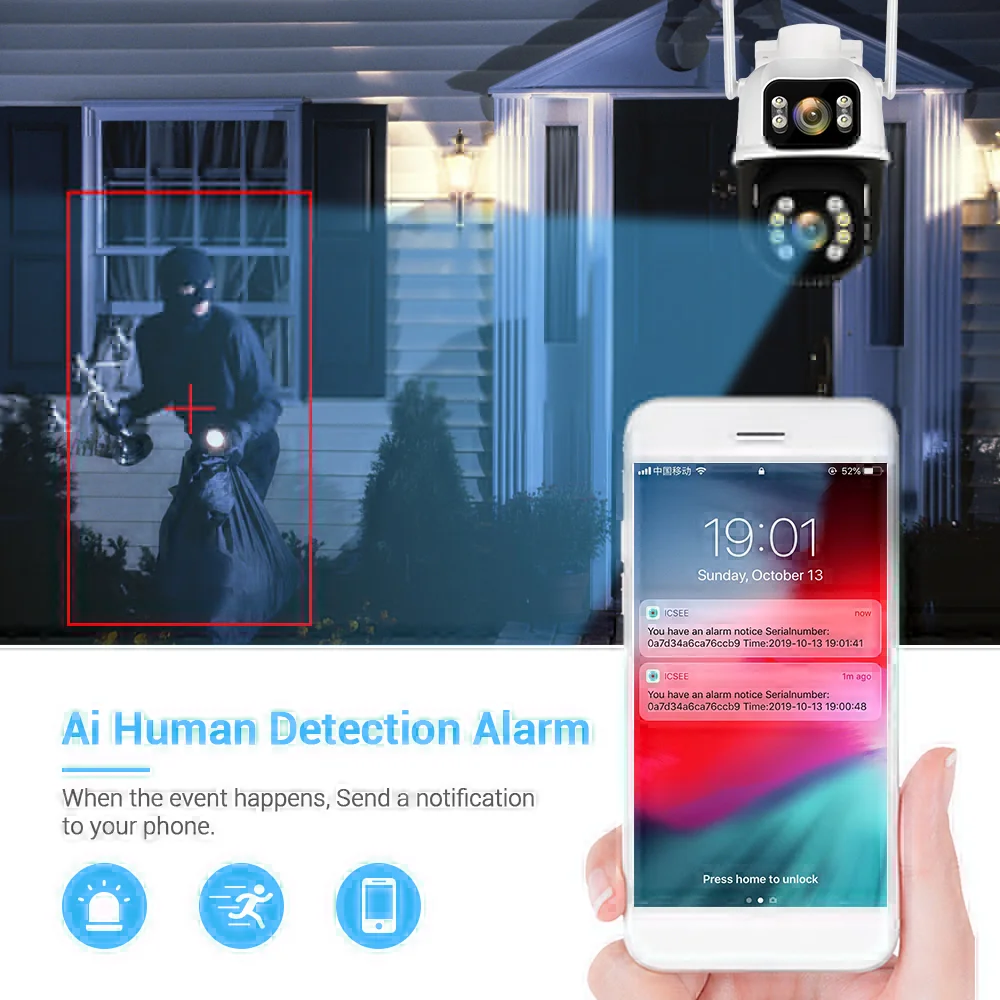 듀얼 렌즈 와이파이 PTZ 카메라, 스마트 홈 야간 투시경, 듀얼 스크린, 야외 보안 보호 CCTV IP 카메라, ICSEE 앱, 8MP, 4K, 6MP