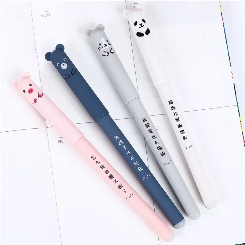 귀여운 돼지 곰 고양이 쥐 지울 수 있는 젤 펜, 학교 사무용품, 문구 선물, 0.35mm 블루 블랙 잉크, 4 개 세트