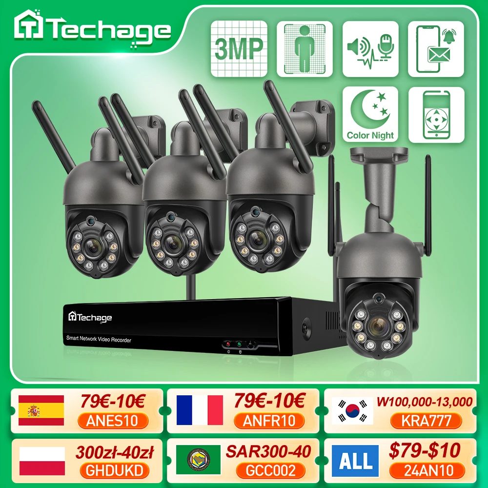 Techage 무선 비디오 보안 카메라 시스템, 야외 양방향 오디오, 와이파이 IP 카메라, P2P CCTV 감시 NVR 키트, H.265, 10CH, 3MP title=Techage 무선 비디오 보안 카메라 시스템, 야외 양방향 오디오, 와이파이 IP 카메라, P2P CCTV 감시 NVR 키트, H.265, 10CH, 3MP 