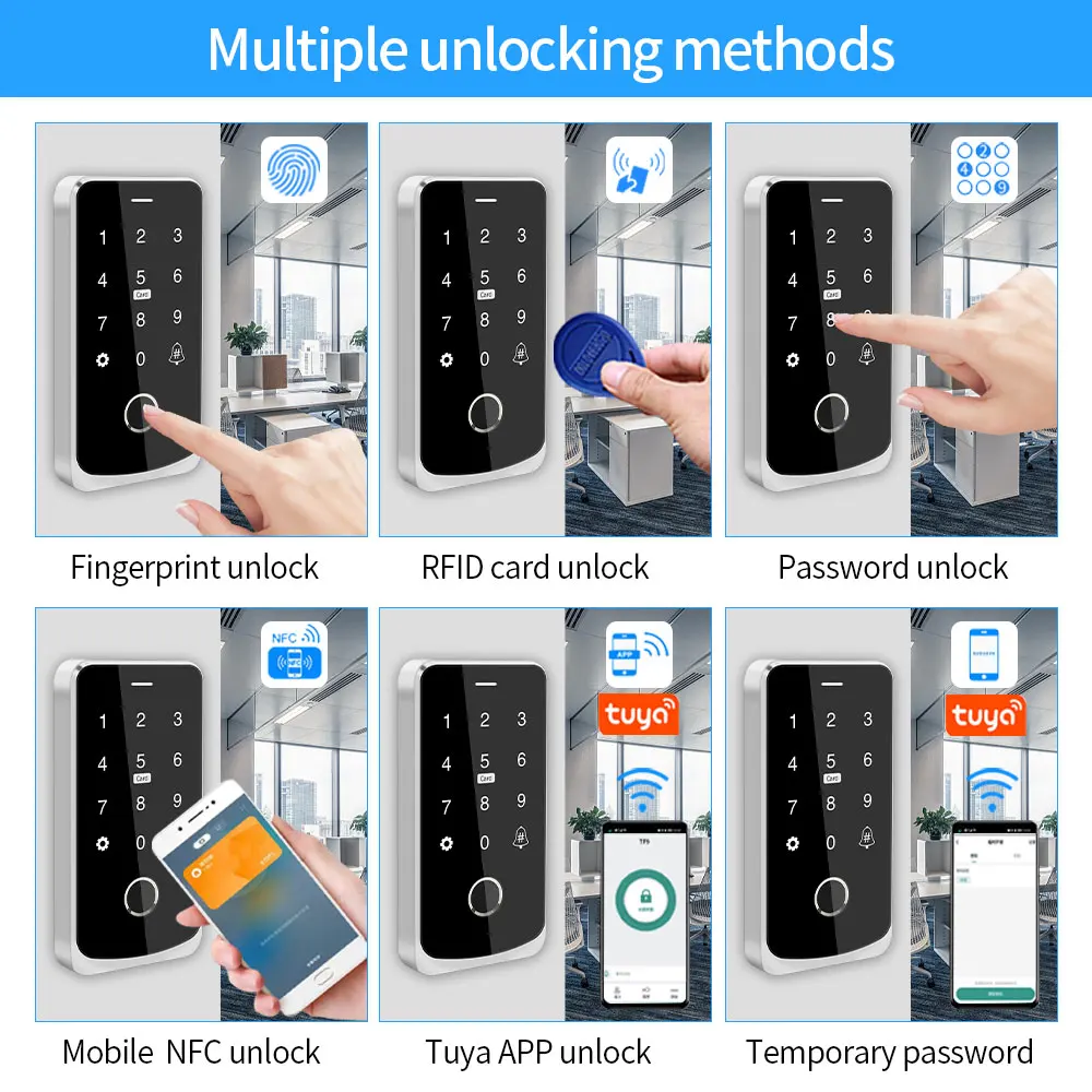 NFC 블루투스 Tuya 앱 RFID IC M1 액세스 제어 키패드, IP65 방수 생체 인식 지문 터치 스크린 액세스 컨트롤러