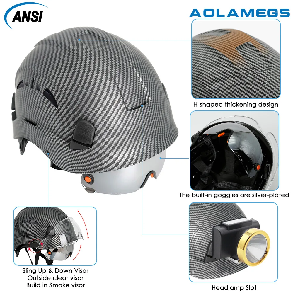 탄소 섬유 패턴 안전 헬멧, 엔지니어용 고글 귀마개 내장, ANSI 산업용 워라 캡, 머리 보호