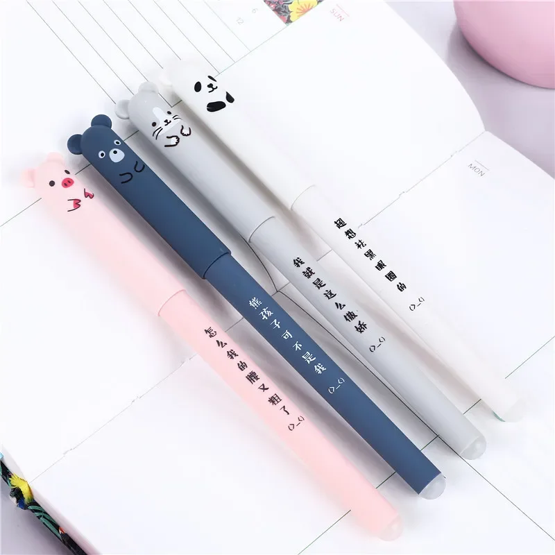 귀여운 돼지 곰 고양이 쥐 지울 수 있는 젤 펜, 학교 사무용품, 문구 선물, 0.35mm 블루 블랙 잉크, 4 개 세트