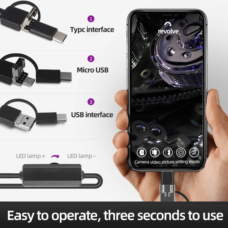 5.5 안드로이드 내시경 검사 카메라, 3 in 1 카메라, USB, 마이크로 USB, C타입, 휴대폰용 방수, 8mm