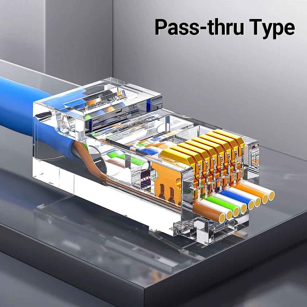 AMPCOM RJ45 모듈러 플러그, CAT5E CAT6 패스 스루 네트워크 커넥터, UTP 3/50μ 금도금 8P8C 크림프 엔드, 이더넷 케이블용