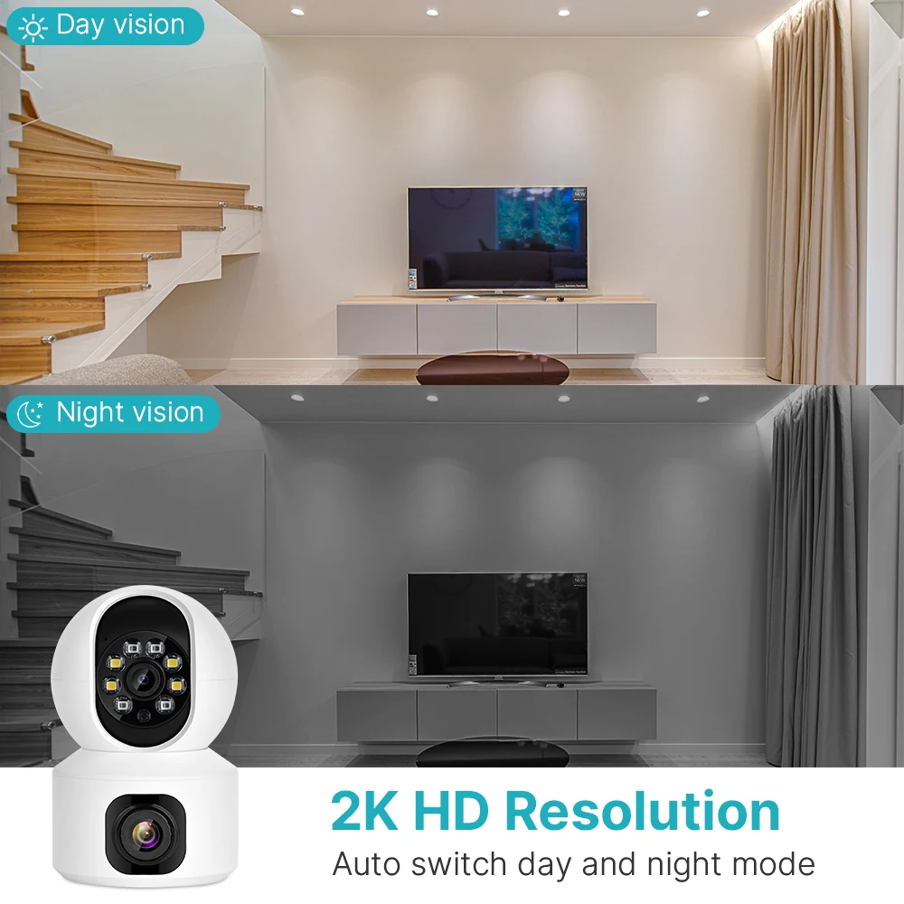 듀얼 렌즈 PTZ 스마트 와이파이 감시 카메라, 야간 투시경 AI 자동 추적 베이비 모니터, 무선 감시 IP 카메라, 2K, 4MP