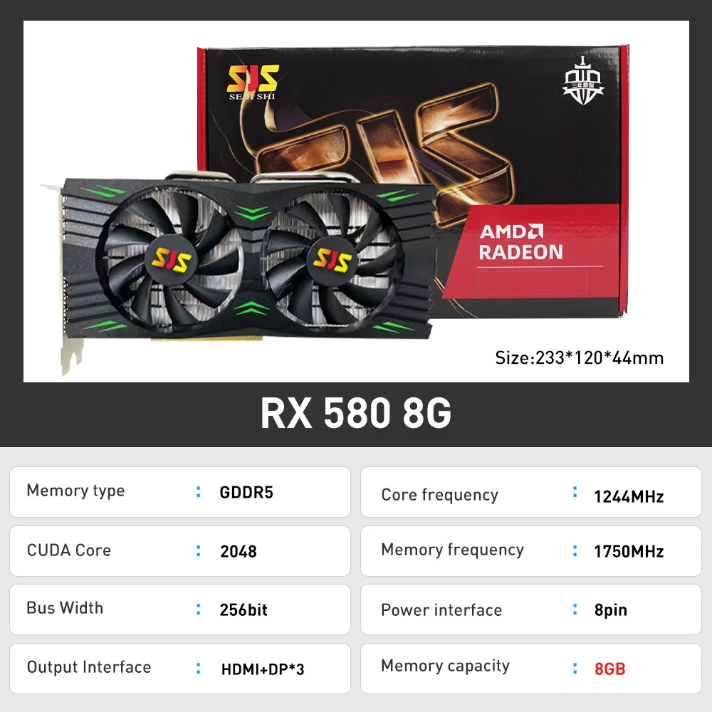 SEJISHI SJS RX 580, AMD Radeon RX580 8G 프로모션 그래픽 비디오 카드, PC HDMI, 8GB, 2048SP, 256 비트, GDDR5 게이밍 카드