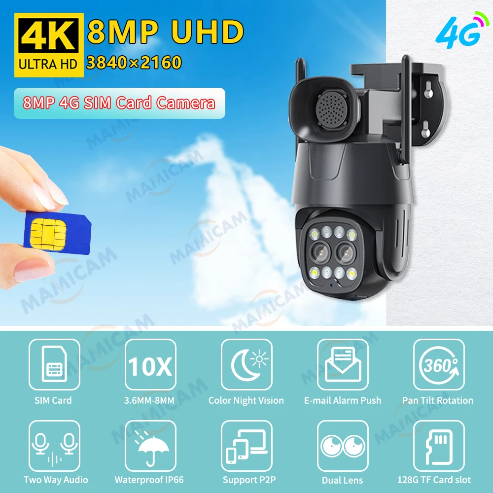 IP 카메라 와이파이/4G Sim 카드 야외 PTZ 8MP HD 듀얼 렌즈 3.6mm-8mm 보안 CCTV 캠 AI 휴먼 추적 컬러 나이트 비전 Camhi