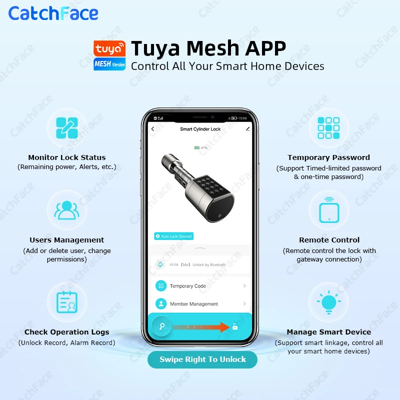 Catchfcae 전자 스마트 도어락 디지털 키패드, 키리스 코드, 조절 가능한 교체품, Tuya 앱 지문 실린더, 신제품