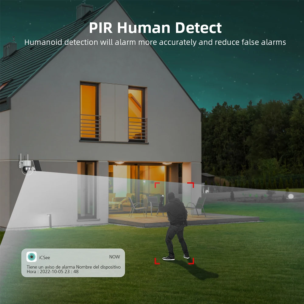 HD 와이파이 태양광 PTZ 카메라, 사람 감지 보안 비디오 감시 카메라, 태양광 패널 포함, 5000mAh 충전 리튬 배터리, 4MP