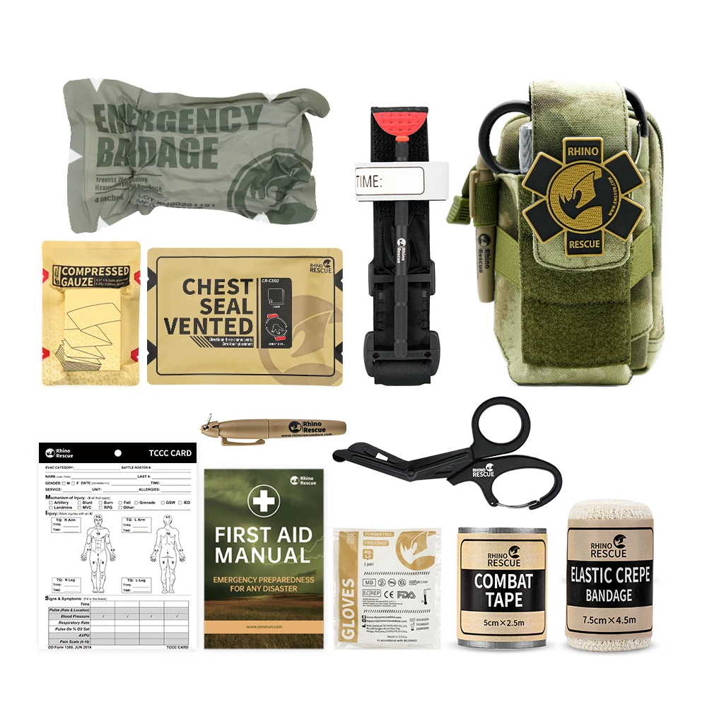 RHINO RESCUE EDC IFAK 생존 외상 키트, Molle 전술 파우치, 금속 지혈대, 붕대, 군용 가슴 도장
