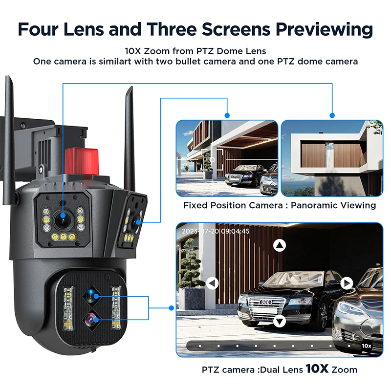 야외 와이파이 IP 카메라, CCTV 비디오 보안 감시 PTZ 카메라, 4 렌즈, 3 스크린, 10x 하이브리드 줌, 8K, 16MP