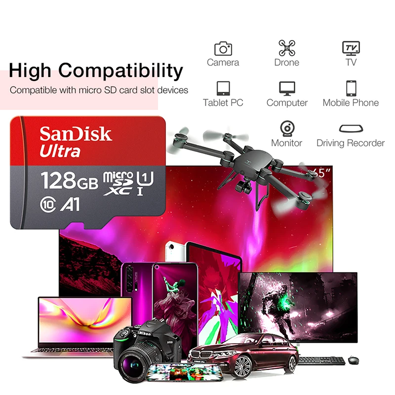 SanDisk 100% 오리지널 메모리 카드, 마이크로 SD 카드, 클래스 10 UHS-1 TF 플래시 카드, 스마트폰 및 PC용, 128GB, 64GB, 32GB, A1