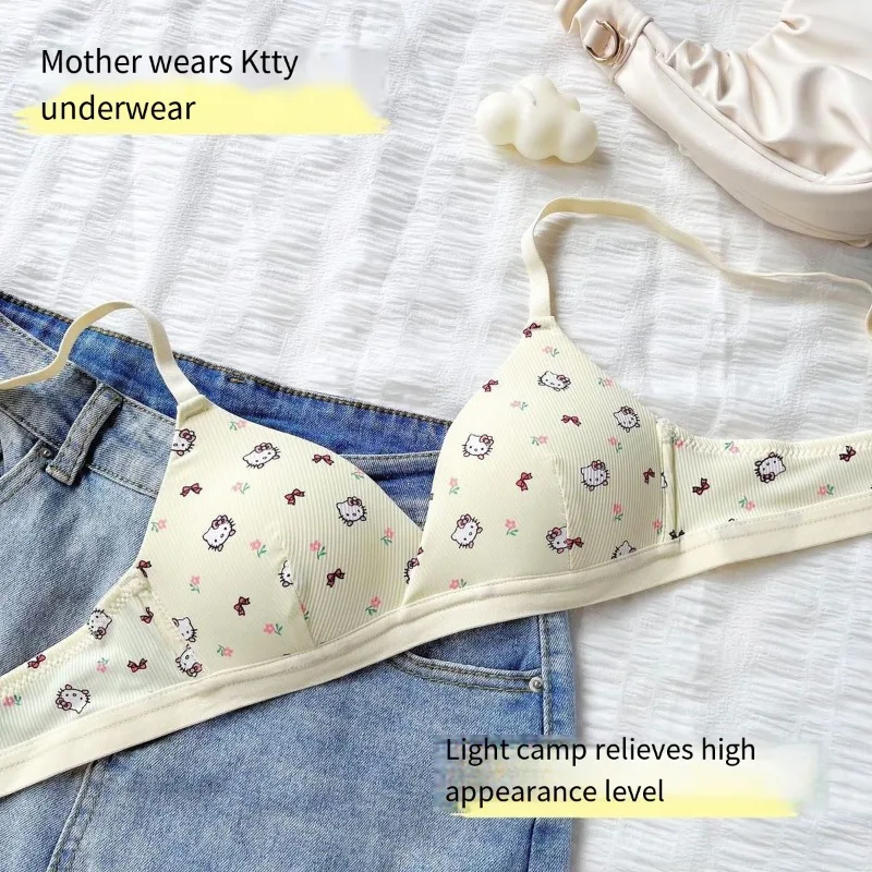 헬로 키티 산리오 여성용 마킹 없는 속옷, 스틸 링 없음, 카와이 소녀 애니메이션 가슴 지지대, 색상 조절 가능, 얇은 브래지어 세트