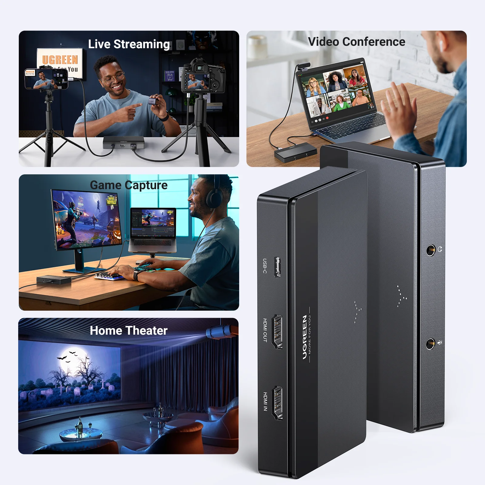 새로운! UGREEN HDMI 비디오 캡처 카드, HDMI to USB/C타입 비디오 그래버 박스, 컴퓨터 카메라 라이브 스트림 레코드 미팅용, 4K60Hz