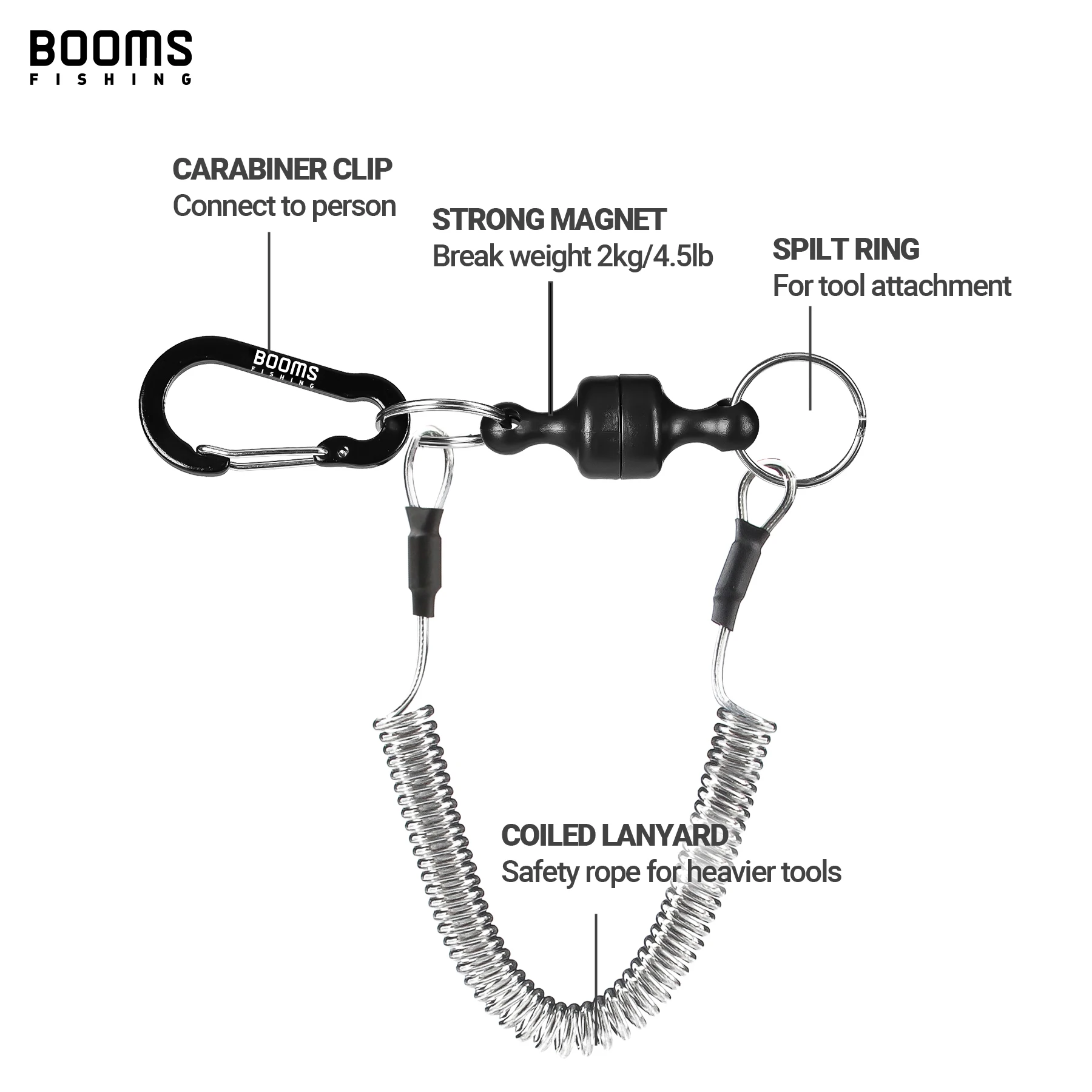 Booms-낚시 MRC 강력한 마그네틱 퀵 릴리스 클립 네트 홀더 낚시용 코일 랜야드 알루미늄 카라비너, 낚시용 그물끈 포함