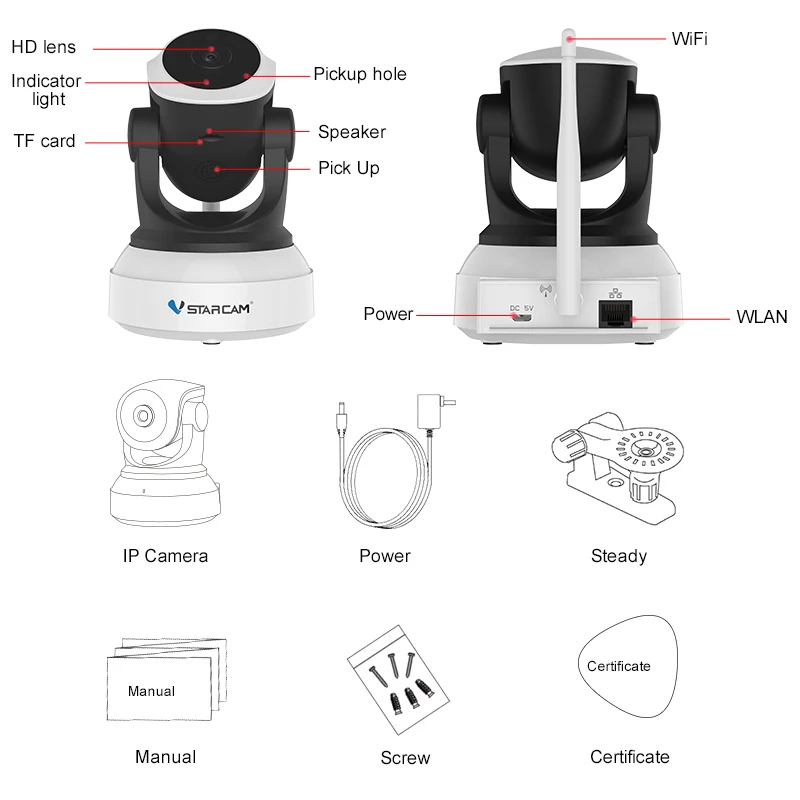 VStarcam-720P IP 카메라 무선 2.4G 와이파이 카메라, 감시 보안 카메라 IR 인터콤 모션 감지 앱 모바일뷰