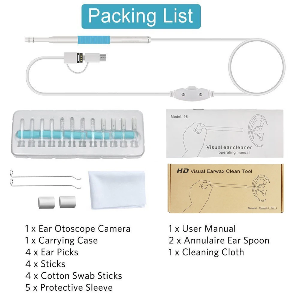 귀 청소 내시경 USB 비주얼 이어 스푼, 5.5mm 0.3MP 미니 카메라, 안드로이드 PC 귀이개, 검이경 보어스코프 도구, 건강 관리