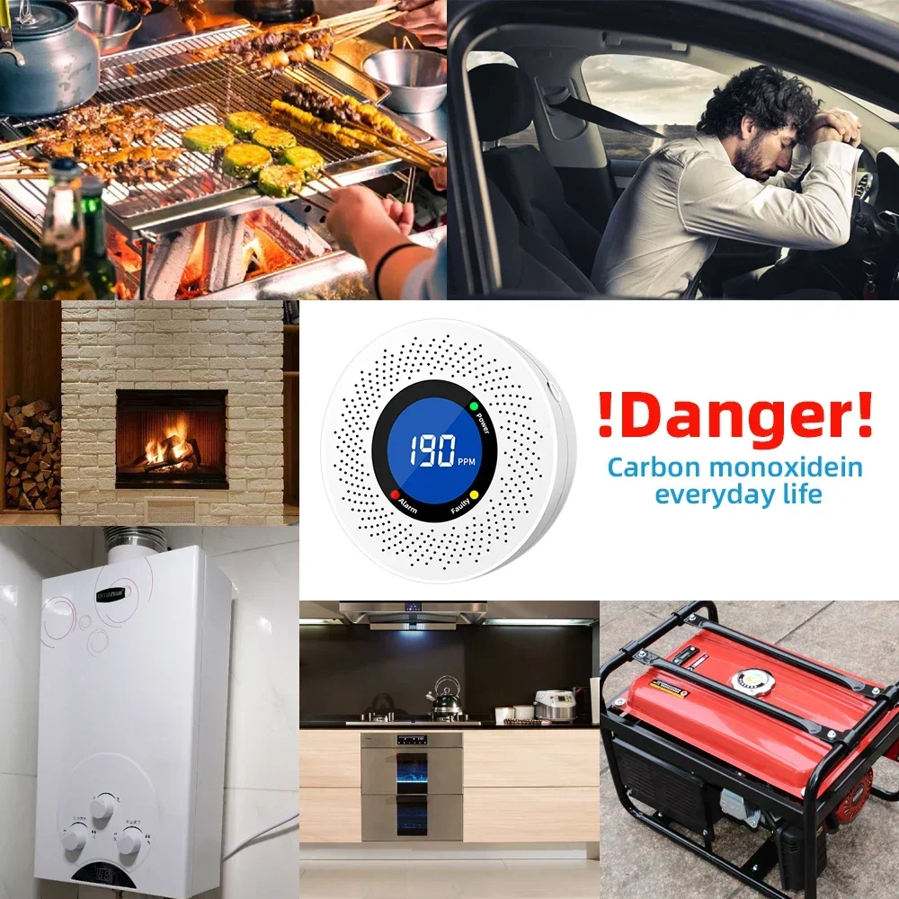 배터리 구동 일산화탄소 감지기, 디지털 디스플레이 알람 센서, 쉬운 설치, 가정 창고용