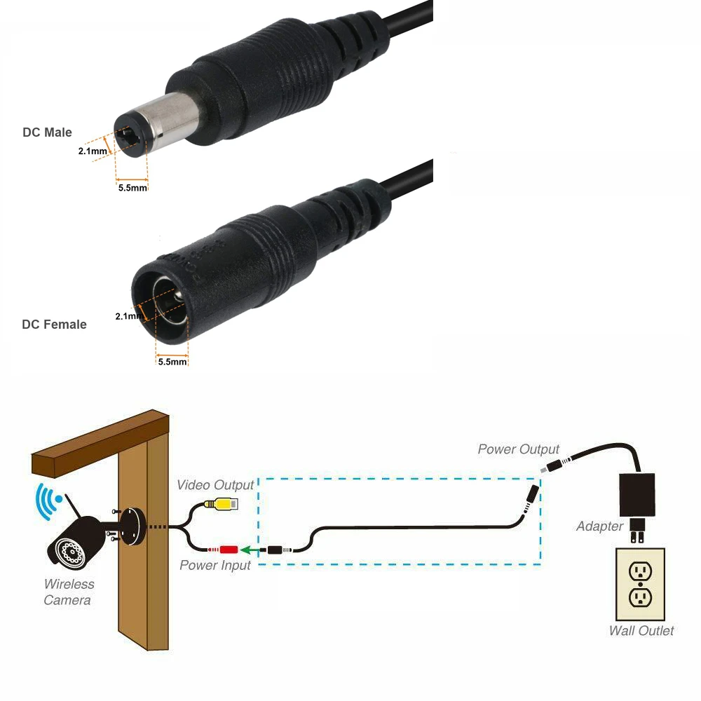 CCTV 카메라용 DC 12V 전원 연장 케이블, 암수 전원 어댑터, 연장 와이어, 2.1x5.5mm