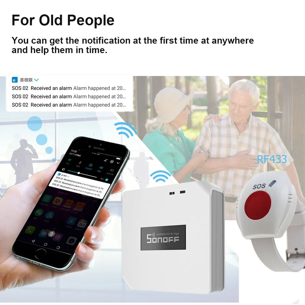 노인을 위한 WIFI SOS 버튼, RF 433mhz 패닉 버튼 비상 경보 무선 시계 팔찌 노인 안드로이드 IOS 앱