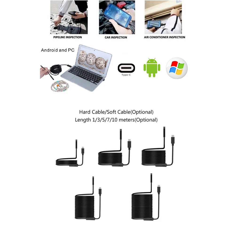 C 타입 USB 내시경 카메라, 7.0mm 하드 케이블, PC 안드로이드 휴대폰 내시경 파이프, C 타입 내시경 검사 미니 카메라