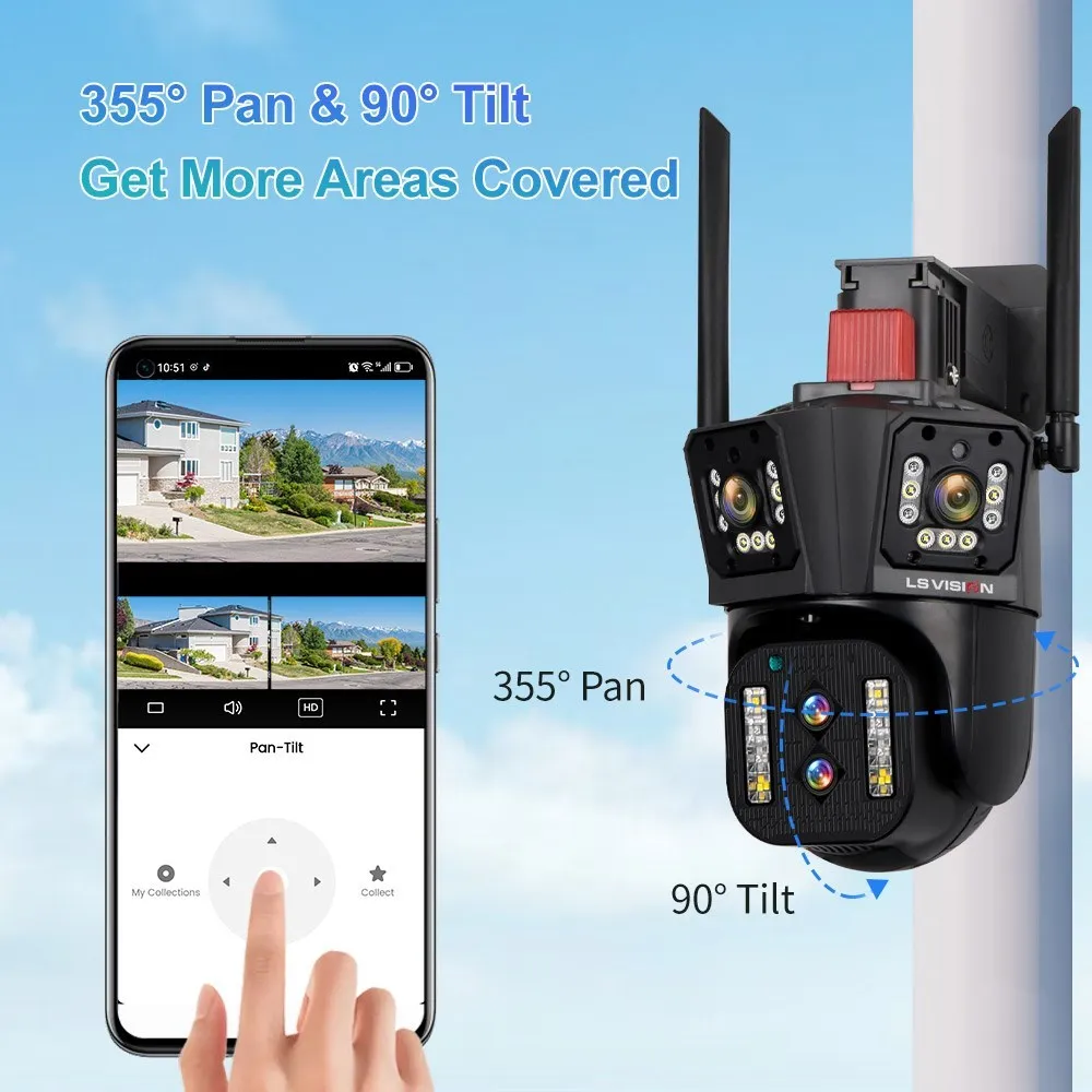 LS VISION 8K 야외 무선 와이파이 보안 카메라 10X 광학 줌 자동 추적 6K PTZ 4 렌즈 3 화면 IP CCTV 캠 방수