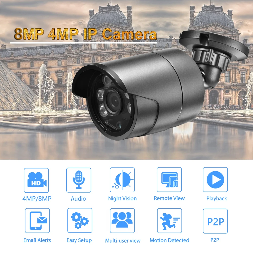 야외용 오디오 IP 카메라, 4K, 8MP, POE, H.265, Onvf, 금속 불릿 CCTV, 가정용, 4MP 어레이, 컬러 야간 투시경, 보안 카메라, 신제품