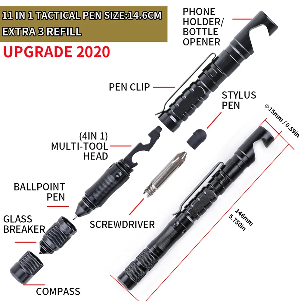 다기능 전술 펜, 휴대폰 거치대 전술 호신 펜, 터치 스크린 펜, 나침반 포함 야외 생존 도구