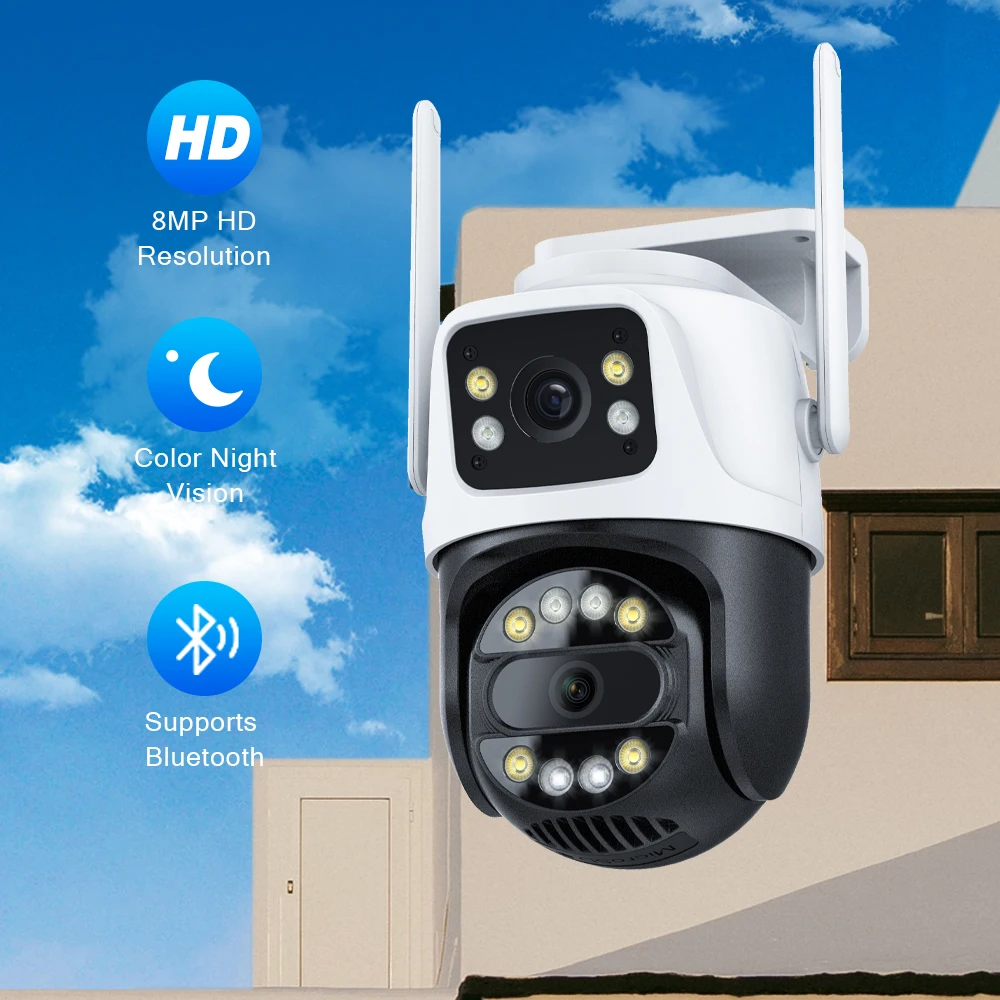 듀얼 렌즈 듀얼 스크린 AI 자동 추적 IP iCSee 카메라, CCTV 오디오 비디오 감시, 4K 8MP HD 와이파이 PTZ 카메라, 3K 6MP