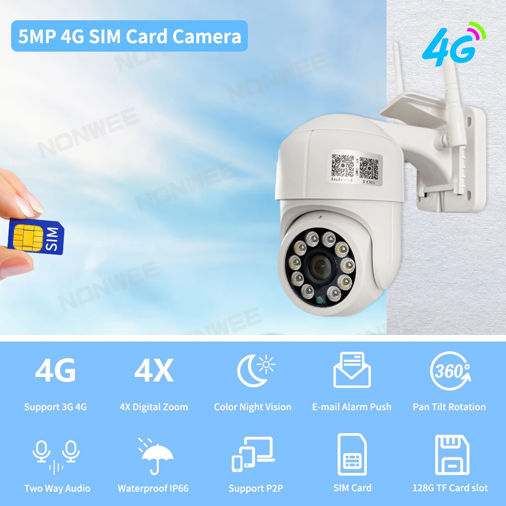 5mp 4G SIM 카드 보안 카메라 와이파이 야외 1080P HD PTZ CCTV 감시 카메라, H.265 스피드 돔 자동 추적 Camhi 앱