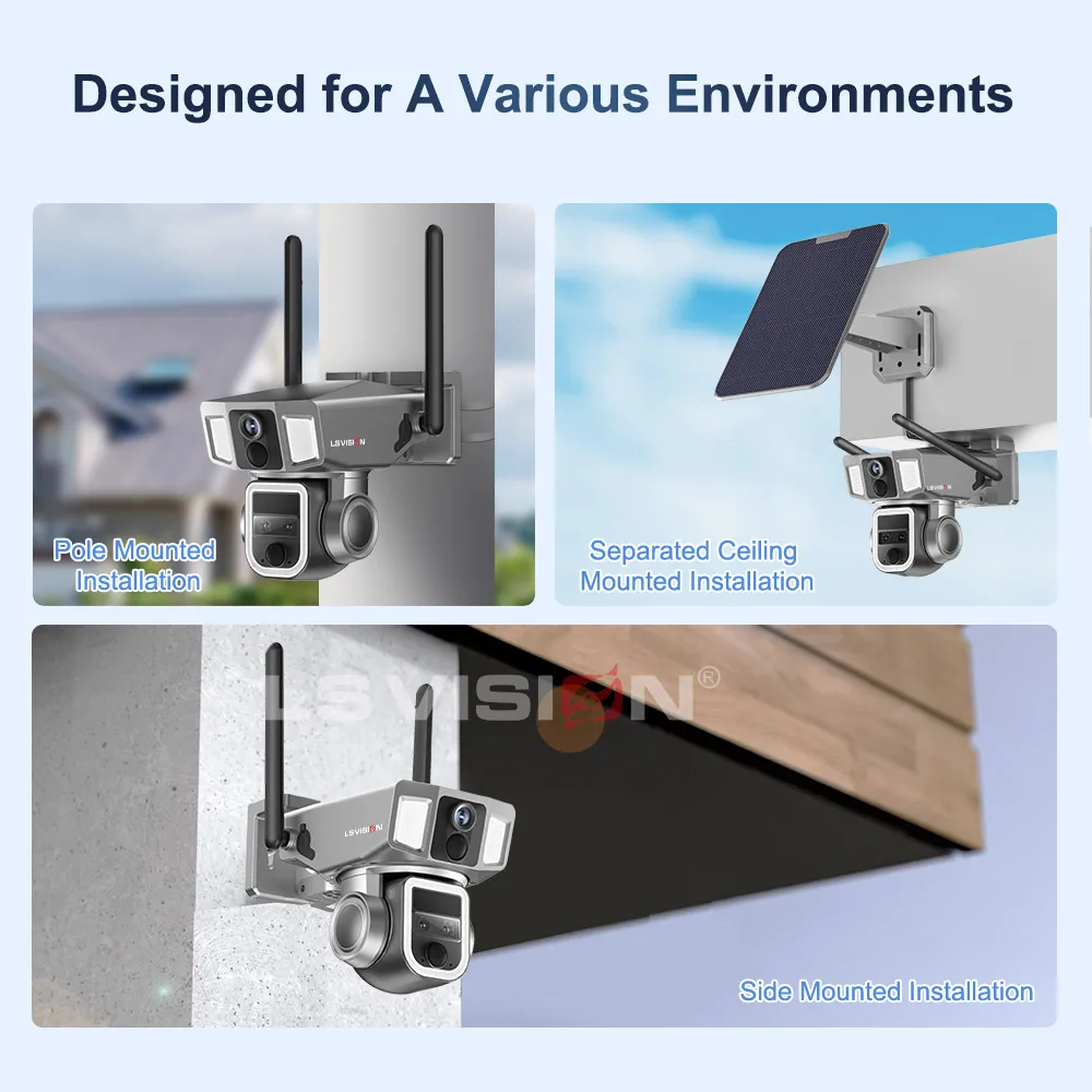 LS VISION 4G 및 WIFI 태양광 보안 카메라, 야외 10X 줌 듀얼 렌즈 스크린, 무선 카메라, 4K/12MP PTZ 캠, 사람 추적 CCTV