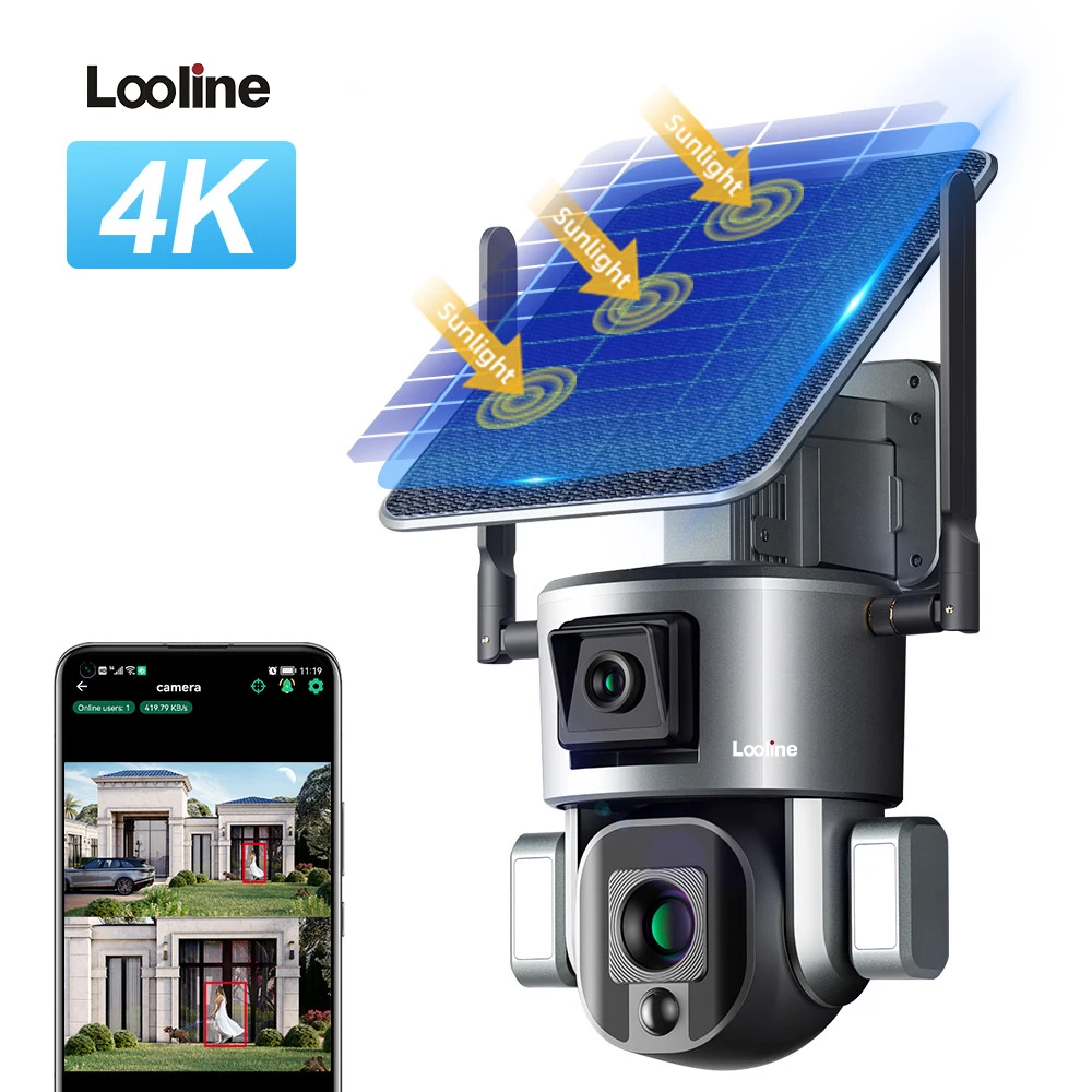 LOOLINE-4K HD 태양 보안 야외 4G 카메라, 듀얼 렌즈, 10 배 광학 줌, 자동 추적, 와이파이 카메라, 4k 전문 카메라