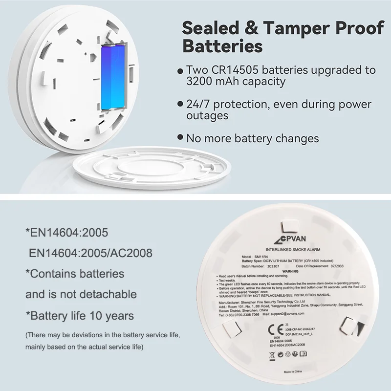 CPVAN 무선 연동 연기 감지기, 화재 연기 경보 보호, 소방관 장비 CE 승인, 10 년 배터리, 433Mhz