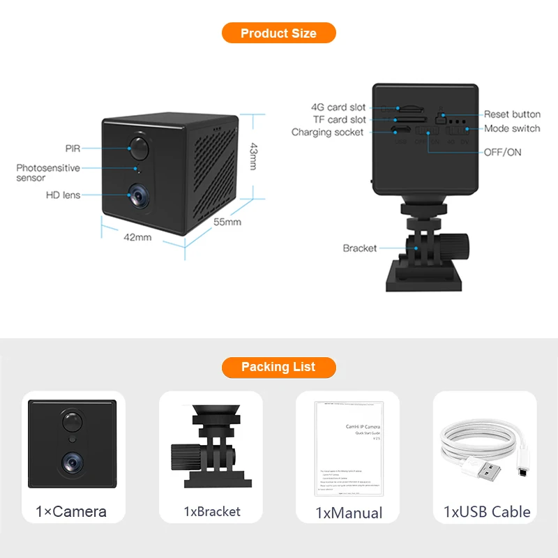 Vstarcam 4G SIM 카드 미니 카메라, 휴대용 자동차 카메라, IR 야간 감시 보안 캠, 3MP 1080P IP 카메라, 3000mAh 배터리