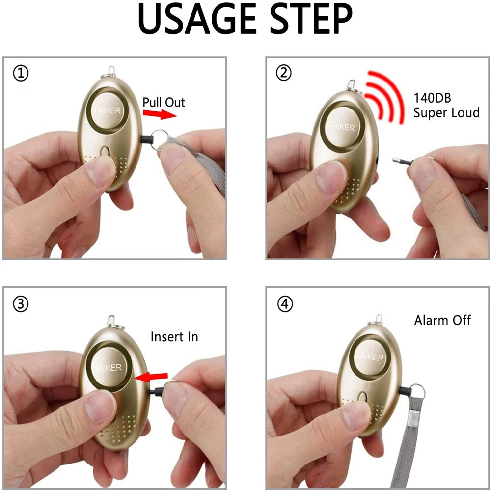 휴대용 자기 방어 침략 방지 개인 보안 경보 키체인, LED 조명, 여성용 비상 안전, 130dB