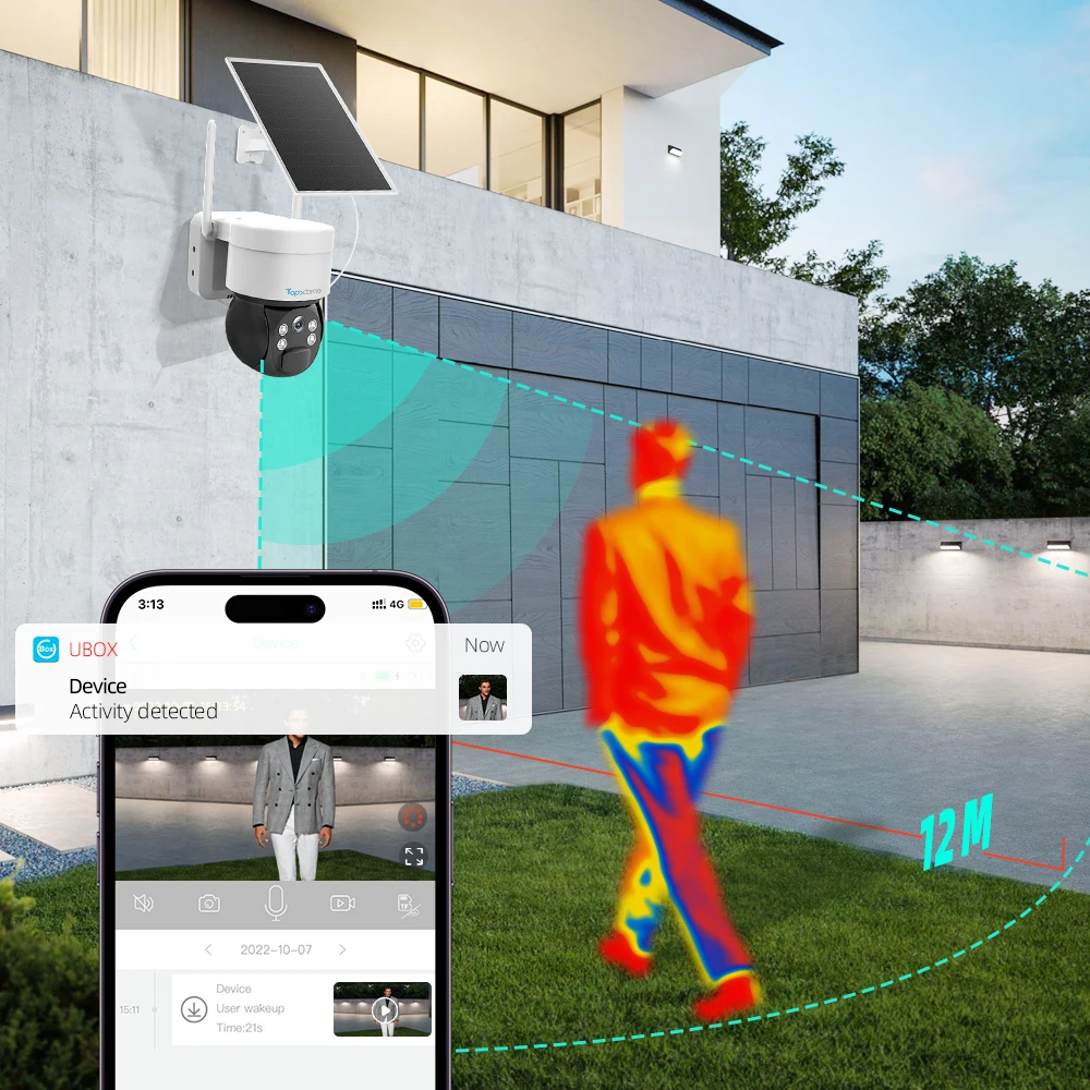 Topodome 음성 인터콤 저전력 태양 전지 패널 배터리, PIR 감지 투광 조명, 야외 PTZ IP 카메라, 3MP WiFi 4G SIM TF 카드