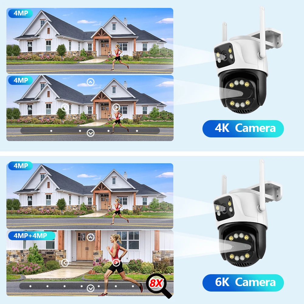 듀얼 렌즈 듀얼 스크린 AI 자동 추적 IP iCSee 카메라, CCTV 오디오 비디오 감시, 4K 8MP HD 와이파이 PTZ 카메라, 3K 6MP