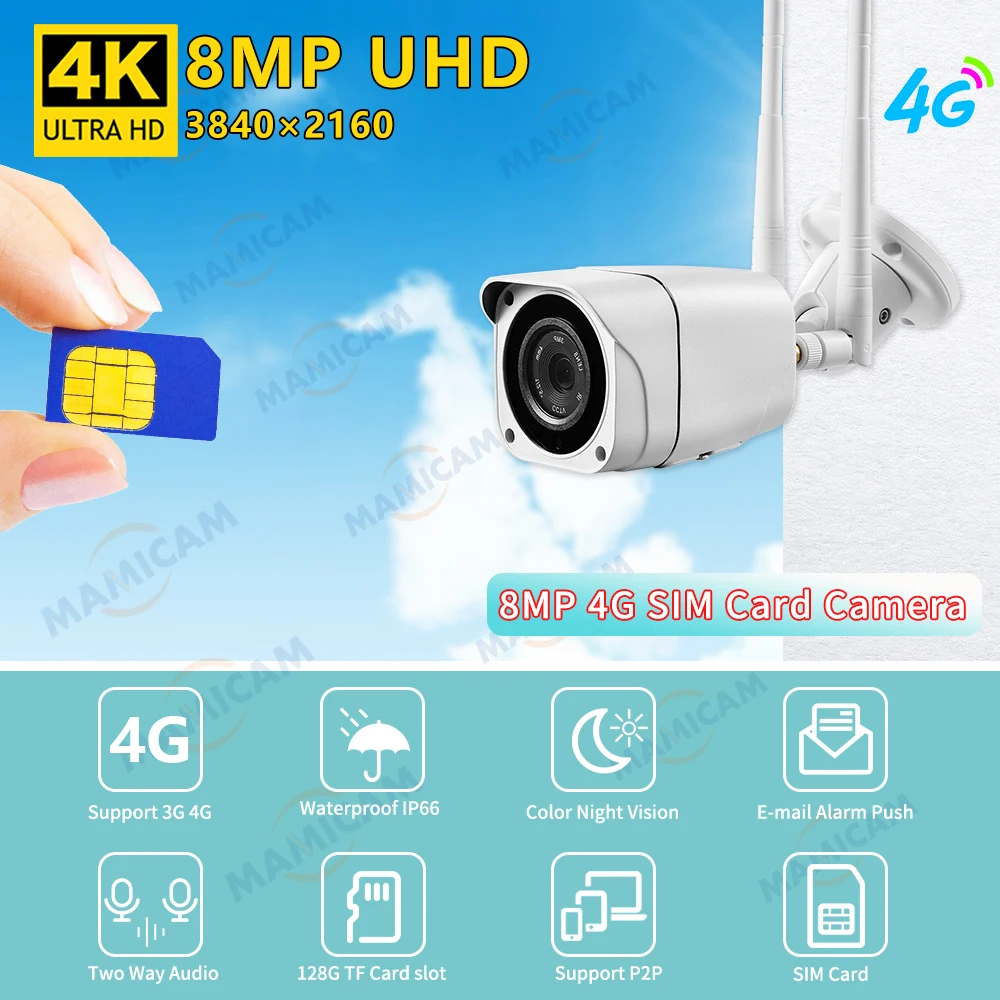 보안 카메라, 4K/ 8MP, 3G 4G 심카드, 와이파이 감시 비디오 카메라, 야외 야간 투시경, IP66 Camhi