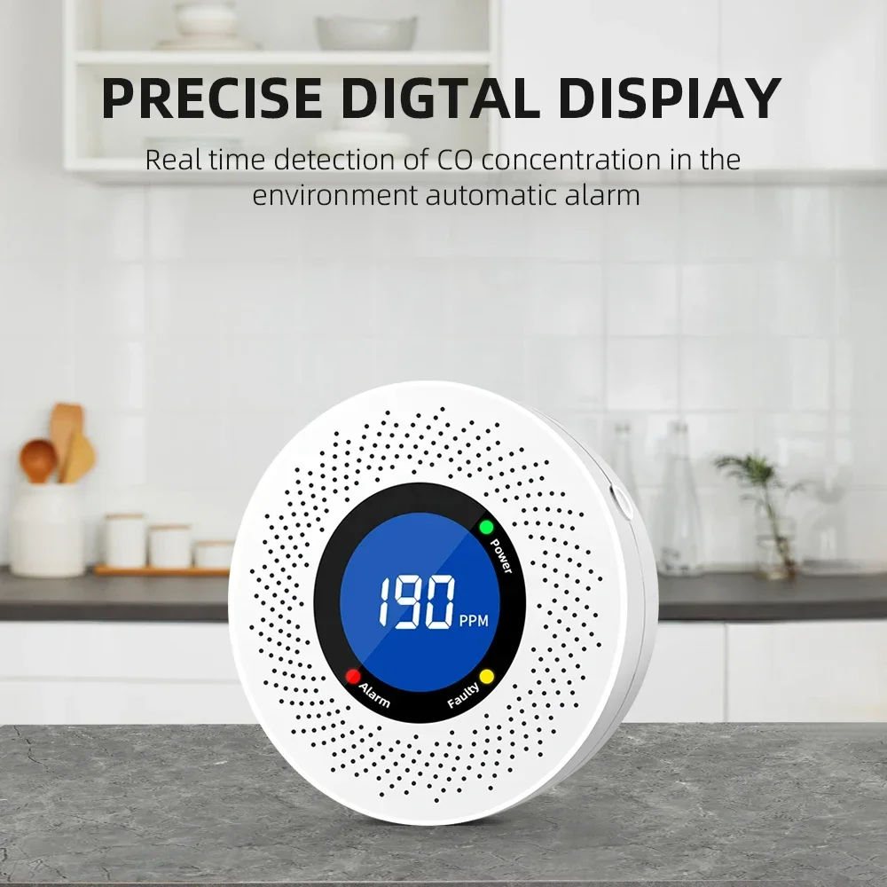 배터리 구동 일산화탄소 감지기, 디지털 디스플레이 알람 센서, 쉬운 설치, 가정 창고용