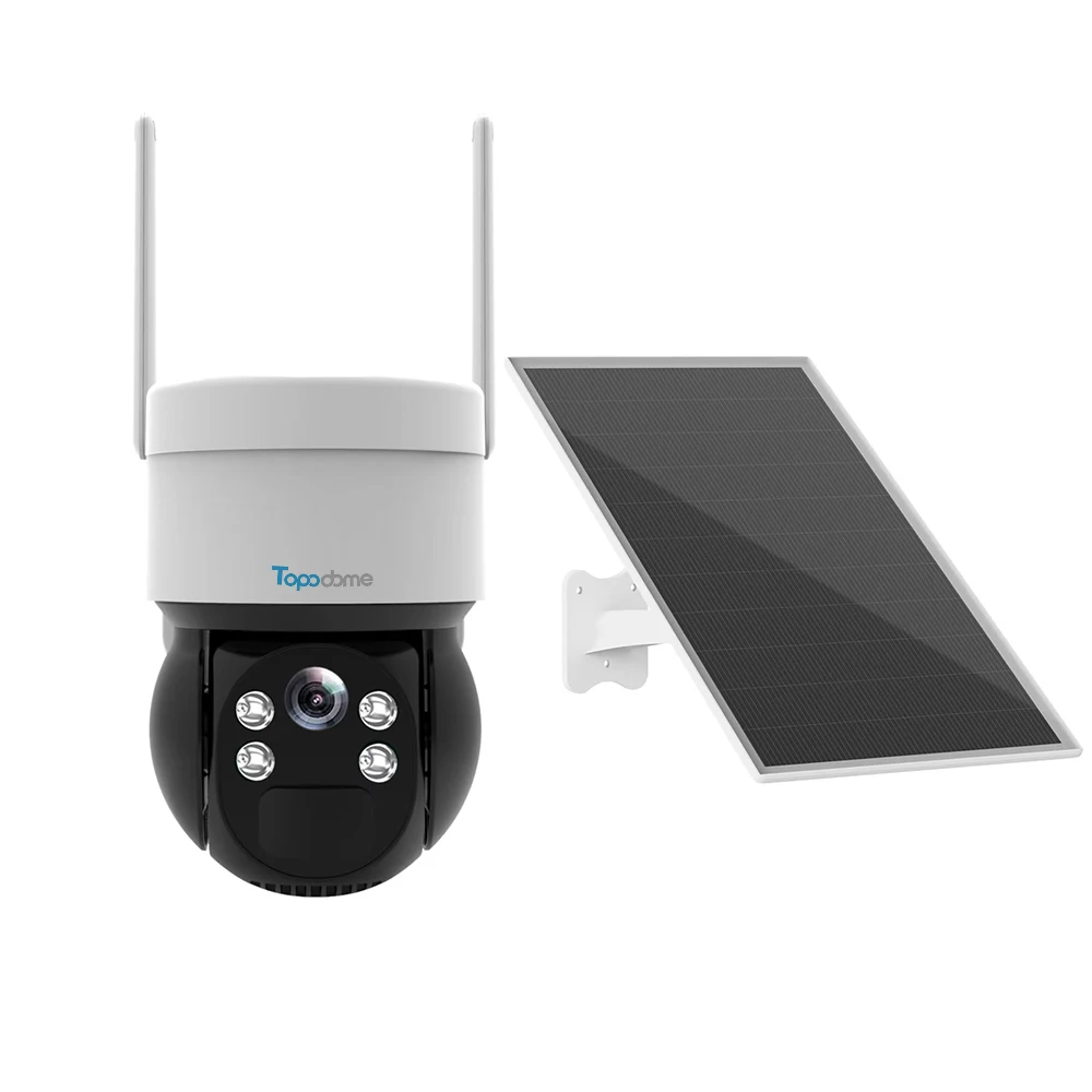 Topodome 음성 인터콤 저전력 태양 전지 패널 배터리, PIR 감지 투광 조명, 야외 PTZ IP 카메라, 3MP WiFi 4G SIM TF 카드