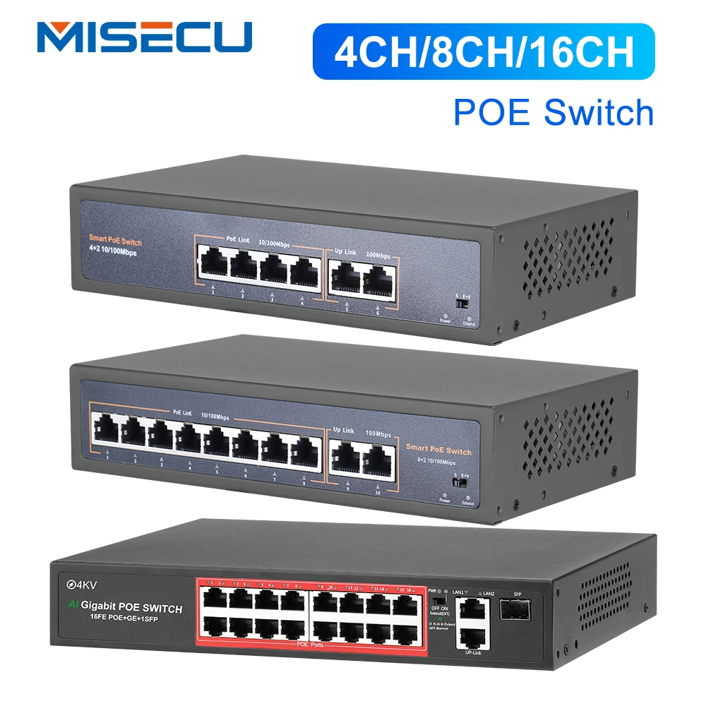 MISECU 48V 4/8/16 포트 POE 스위치 IP 카메라 이더넷 10/100Mbps IEEE802.3 Af/at, IP 카메라/CCTV 보안 카메라 시스템용 title=MISECU 48V 4/8/16 포트 POE 스위치 IP 카메라 이더넷 10/100Mbps IEEE802.3 Af/at, IP 카메라/CCTV 보안 카메라 시스템용 