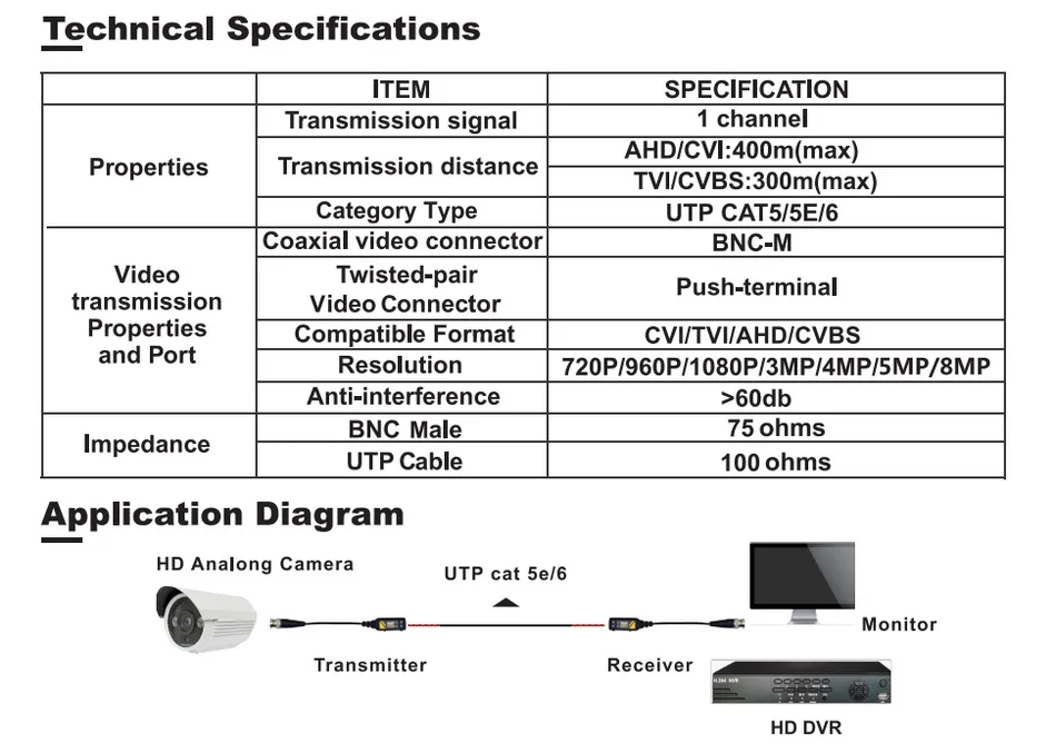 패시브 비디오 전원 및 오디오 발룬 트랜시버, CCTV 카메라용, 8MP CVBS AHD CVI TVI UTP 발룬, BNC-RJ45, 1 쌍