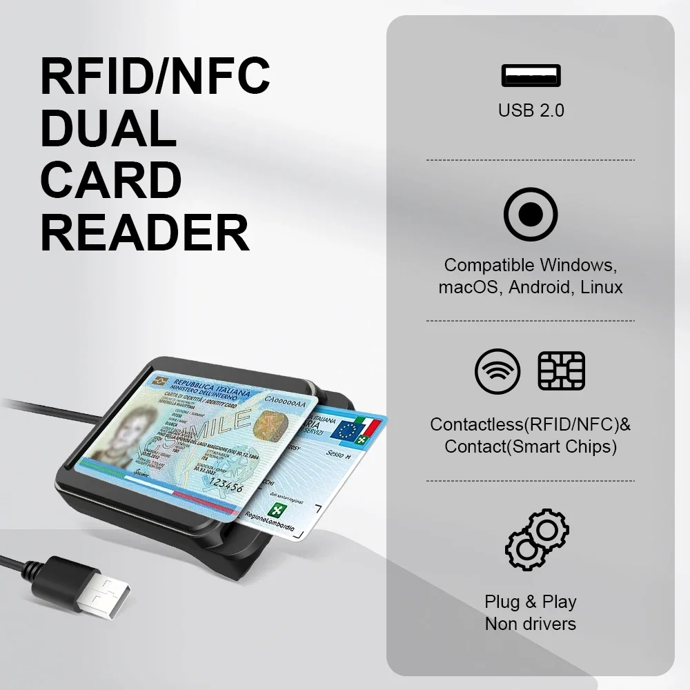 Zoweetek RFID NFC CIE ID 스마트 카드 리더기, 비접촉 및 접촉 칩 카드, DNI CRS CNS, Windows Mac과 호환 가능