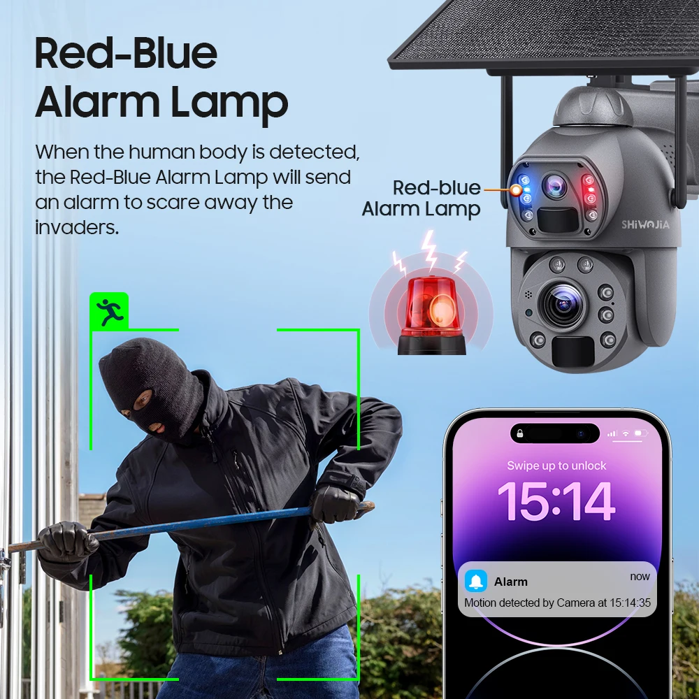 SHIWOJIA 태양 전지 패널 보안 카메라, 휴머노이드 추적, 듀얼 렌즈, 20X 줌, 4K, 8MP, 4G SIM/WIFI, 10W, 20000mAh 배터리