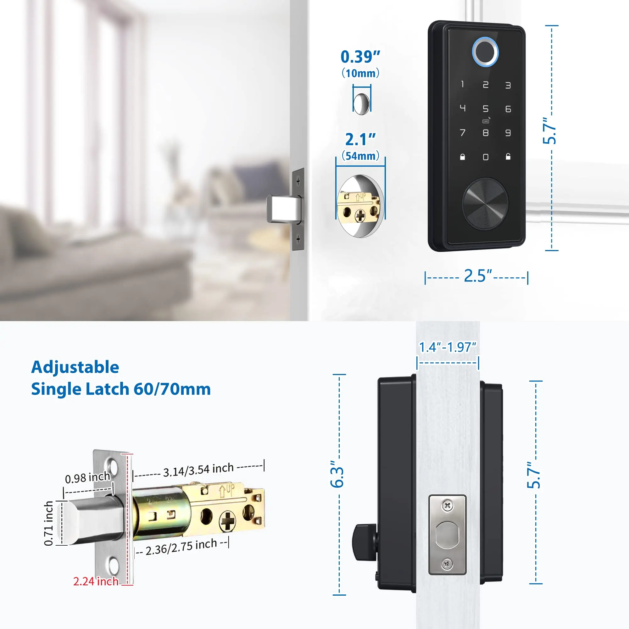 스마트 데드볼트 잠금 입구 전면 문짝, 집 아파트용 Ttlock Tuya 앱, Wi-Fi 키리스 지문 키패드, 디지털 블루투스 잠금 장치