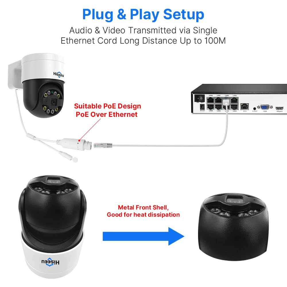 Hiseeu 컬러 나이트 비전 얼굴 감지 오디오, 8MP 4K POE PTZ IP 카메라, 야외 H.265 Onvif AI 스트리트 홈 보안 CCTV 카메라