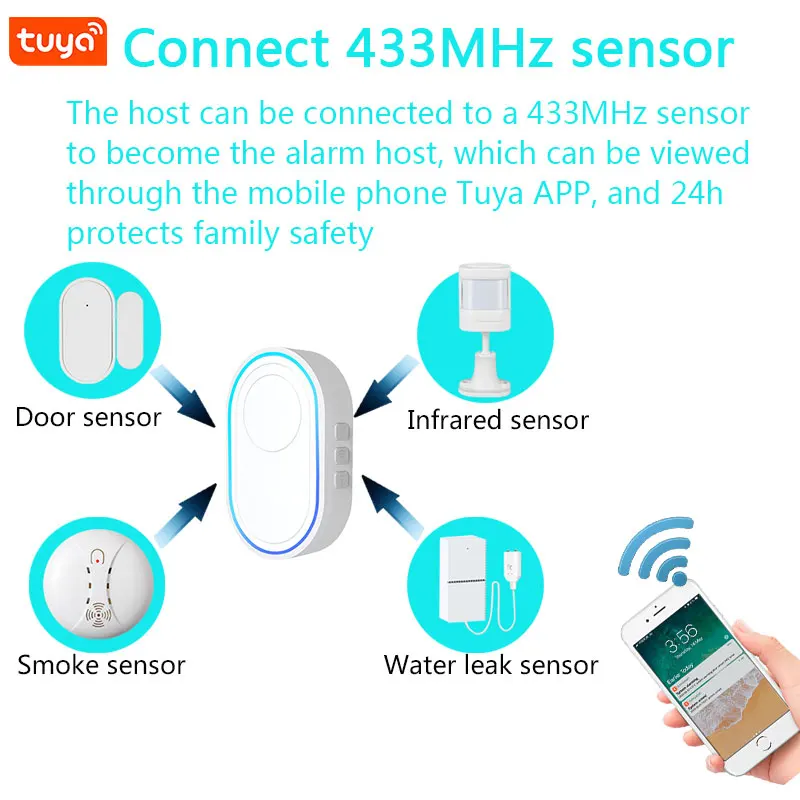 무선 WiFi Doorbell Tuya 스마트 홈 보안 경보 시스템 연결 433MHz 감지기 경고 모드 Welcome Doorbell LED 조명 키트