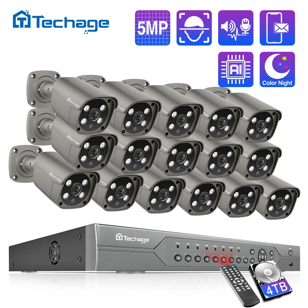 Techage POE NVR 키트 보안 카메라 시스템, 양방향 오디오, H.265 IP AI 카메라, 야외 P2P CCTV 비디오 감시 세트, 16CH, 5MP title=Techage POE NVR 키트 보안 카메라 시스템, 양방향 오디오, H.265 IP AI 카메라, 야외 P2P CCTV 비디오 감시 세트, 16CH, 5MP 