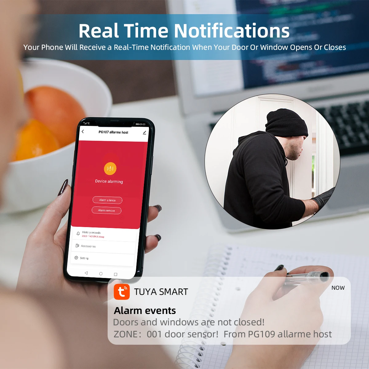 PGST 스마트 투야 경보 시스템, 온도 및 습도 기능 포함, 4.3 인치 화면, Wi-Fi GSM 도난 가정 보안, PG109