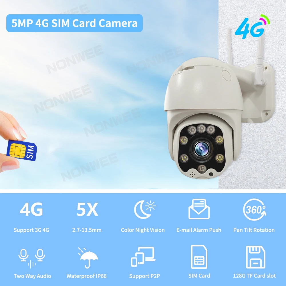 야외 와이파이 스피드 돔 비디오 감시 카메라, 4G SIM 카드 보안 카메라, PTZ 5MP, CCTV P2P 야간 투시경, 자동 추적 Camhi